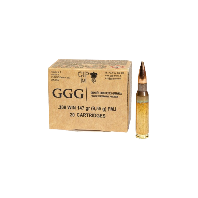 GGG Ammo .308 WIN, 147 grain (9.6 gram) FMJ bullet